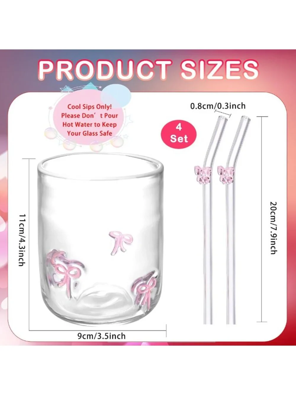 4 Set 14 oz Pink Bow Glass Cups with Straws - Aesthetic Handblown Drinkware for